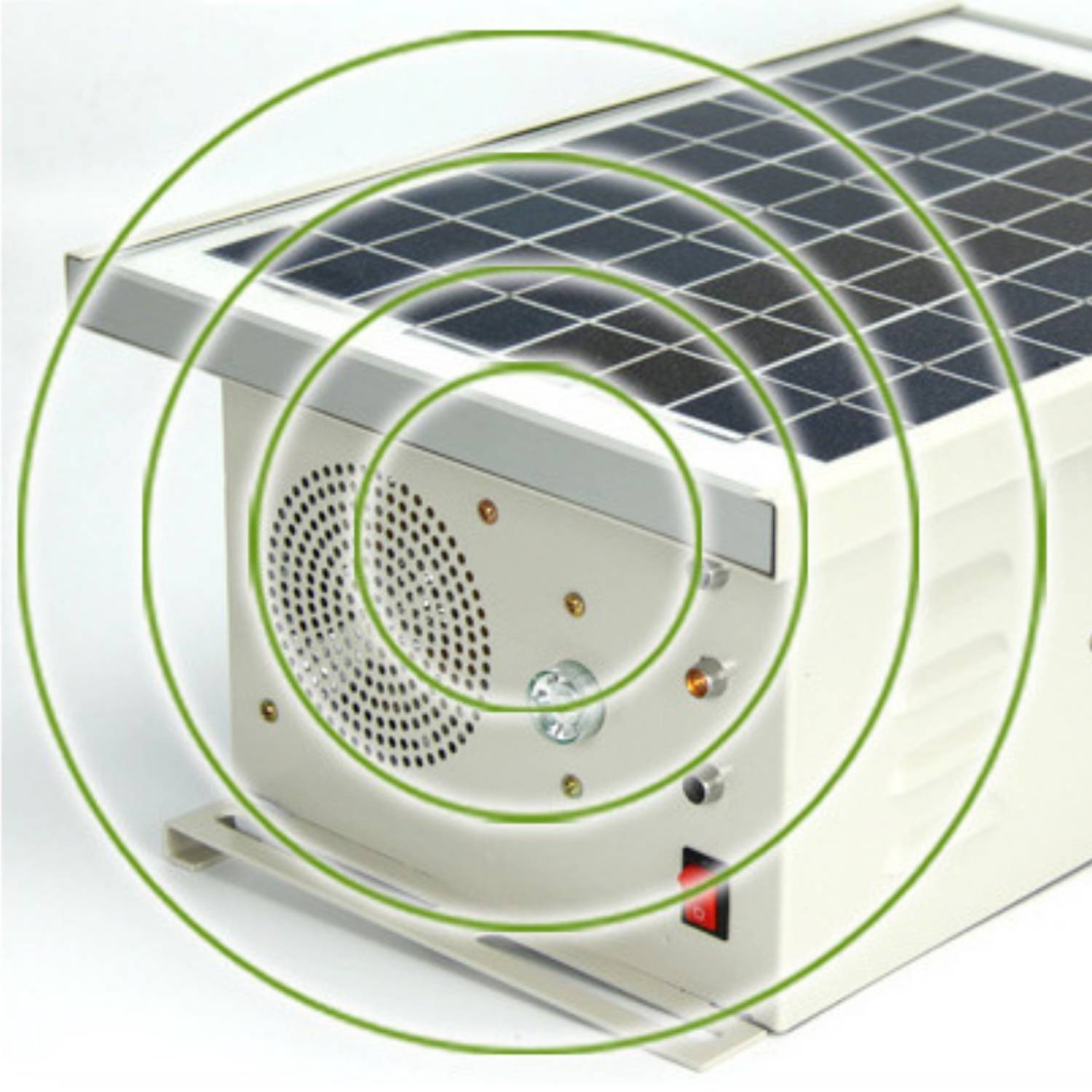 A solar sonic bird repeller mounted on a post